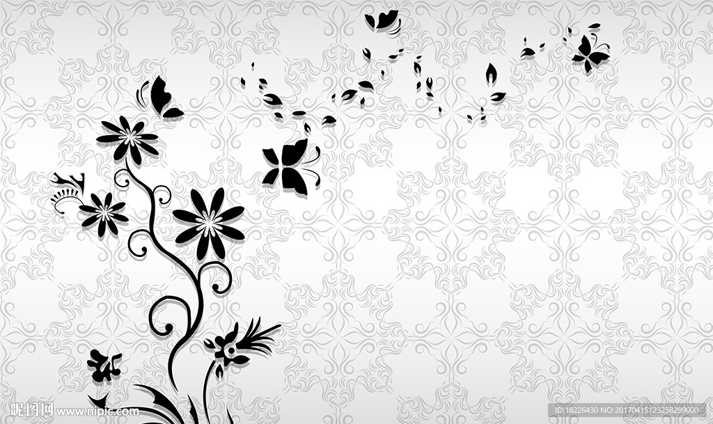 黑色花朵蝴蝶飞舞现代简约背景墙