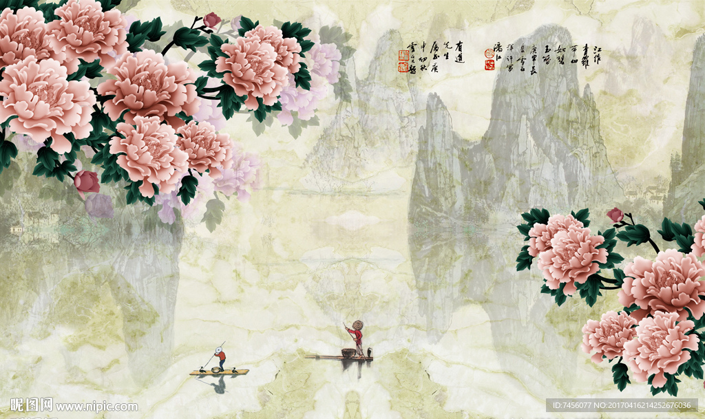 水墨中式牡丹花背景墙