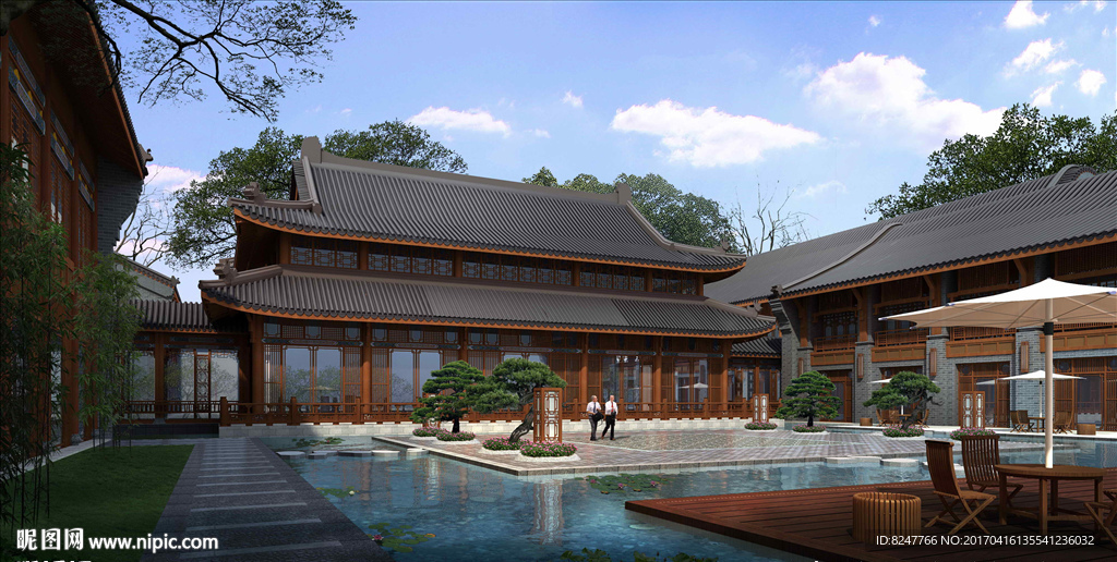 中国风书院内庭景观建筑效果图