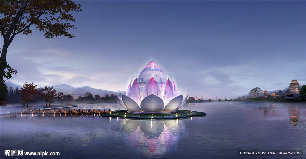 莲花酒店夜景建筑效果图
