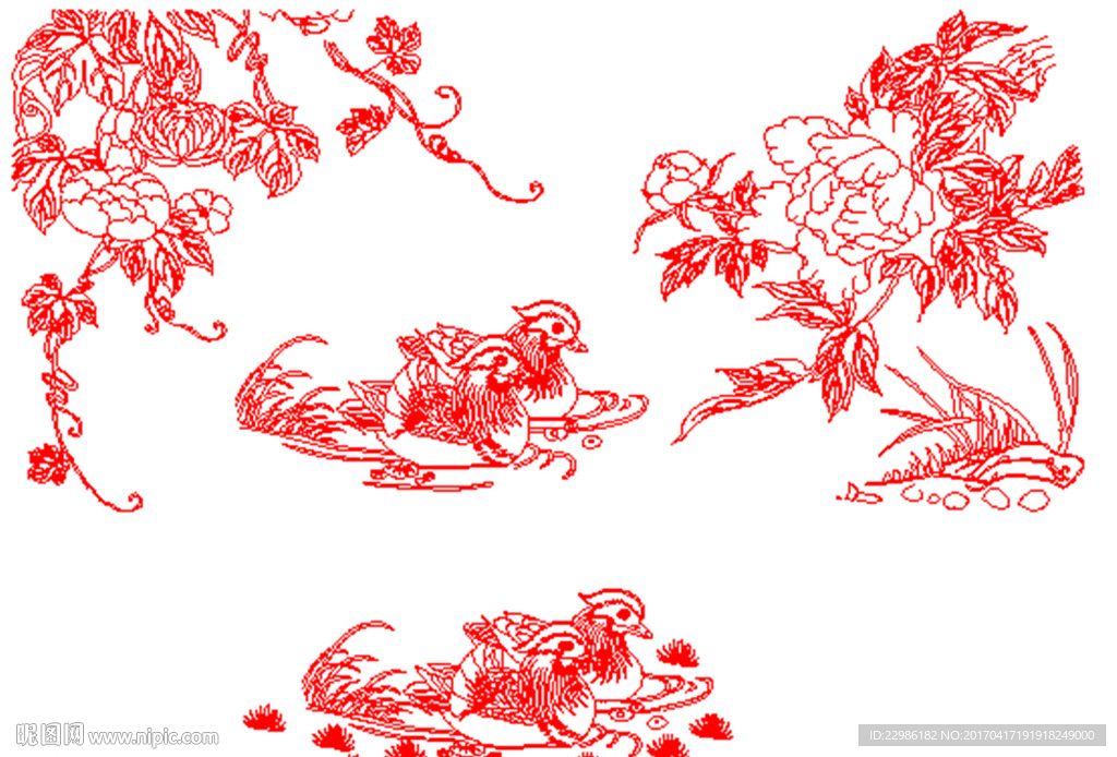 牡丹花鸟矢量线条图