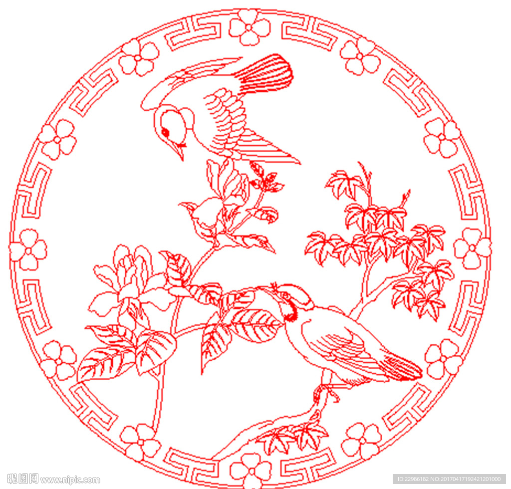 花鸟圆盘矢量线条图