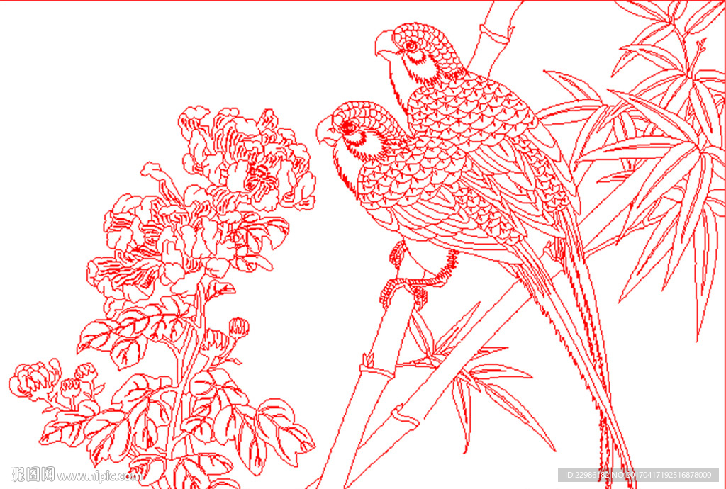 花鸟竹子牡丹花雕刻图