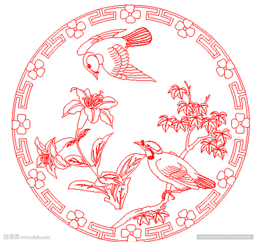花鸟圆盘矢量线条图