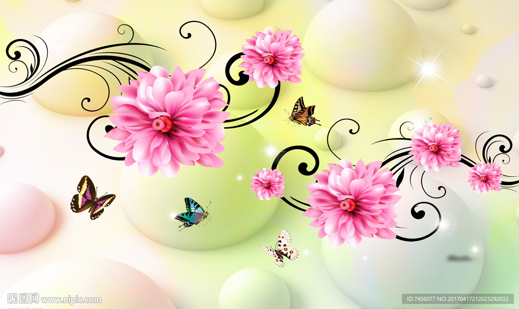 蝶恋花浪漫粉色立体壁画背景墙