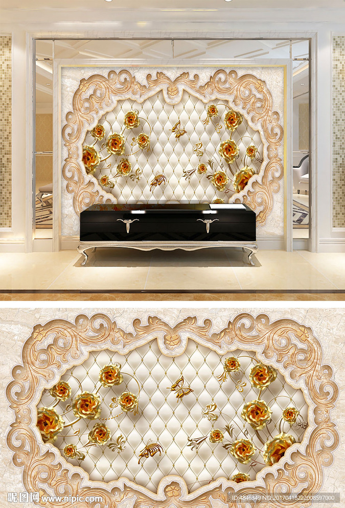 金色高档钻石花朵背景墙