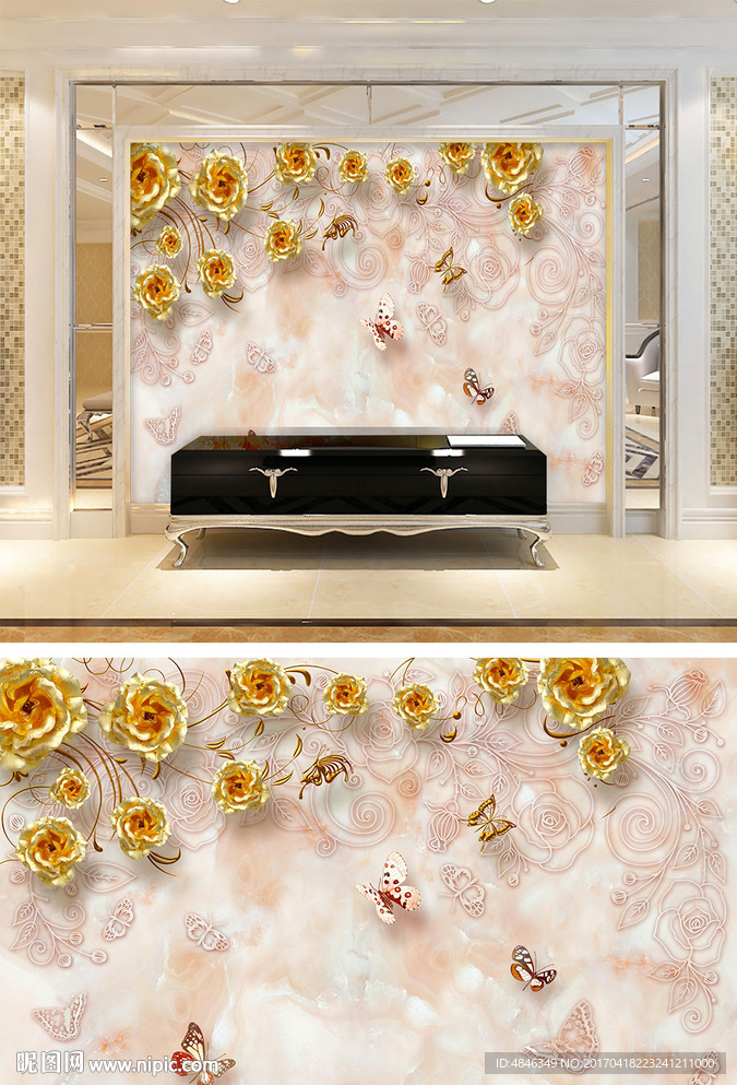 金色高档花朵珠宝背景墙