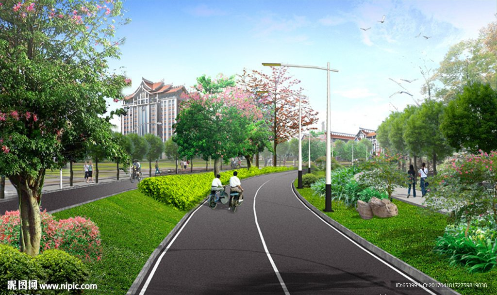 校园道路景观绿化效果图