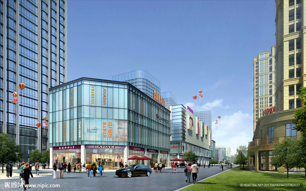 商业购物中心白天建筑效果图