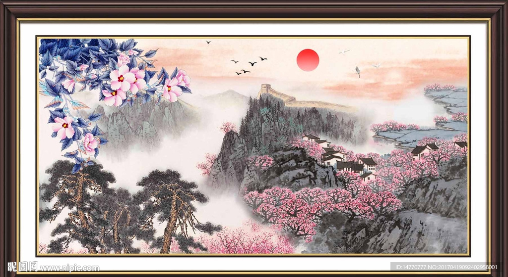 山水风景旭日花鸟