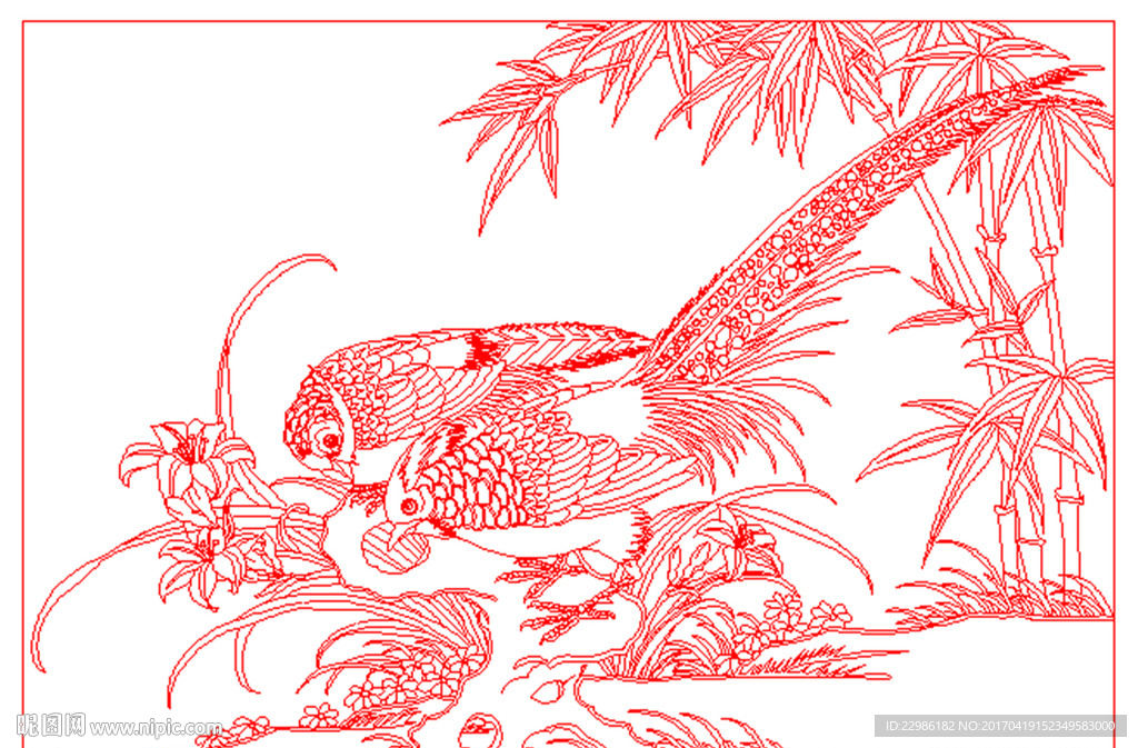 花鸟竹子矢量线条图