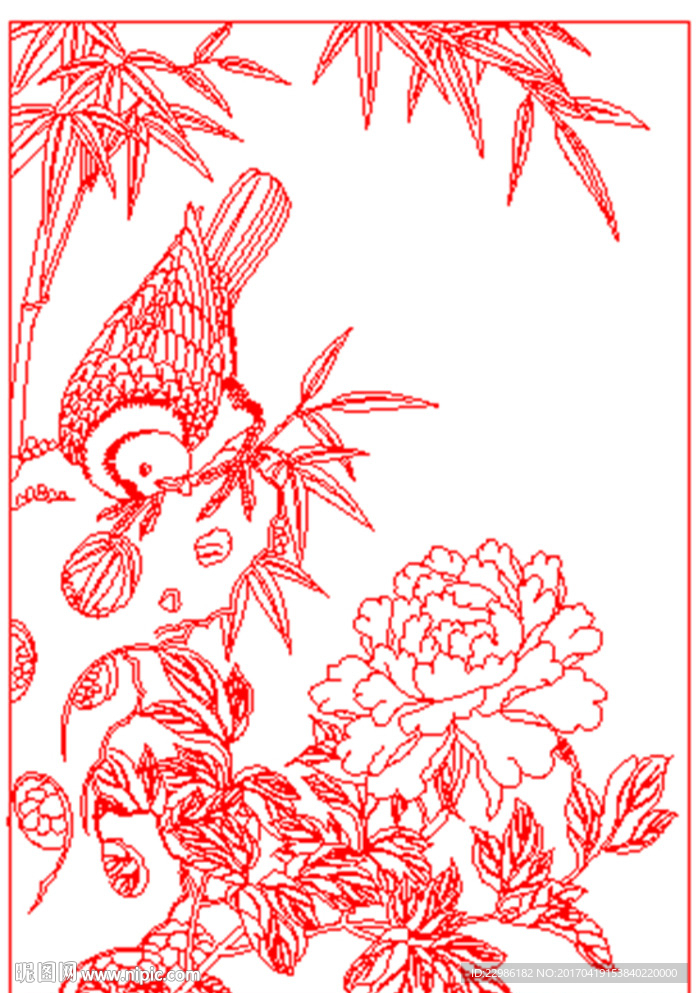 牡丹竹子花鸟矢量线条雕刻图