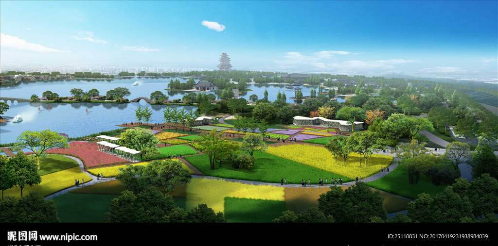 花海田园景观农田河流景观观光图