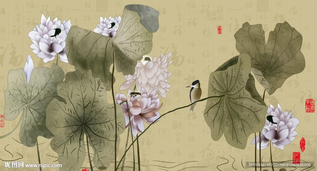 水墨荷花背景墙