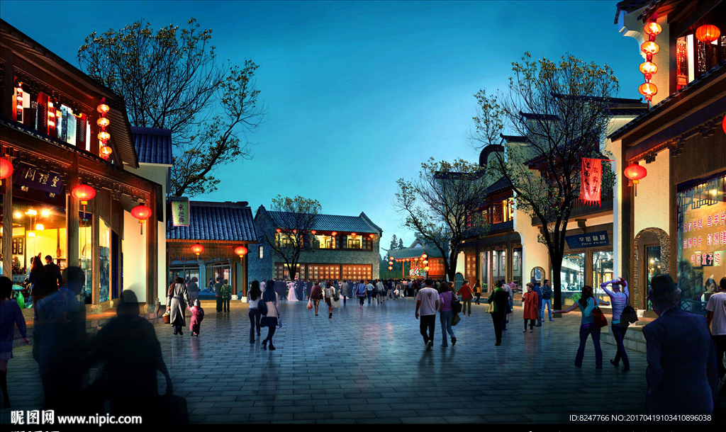 古建筑商业街夜景建筑效果图