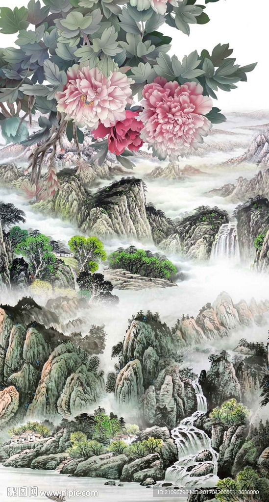 山水国画玄关牡丹