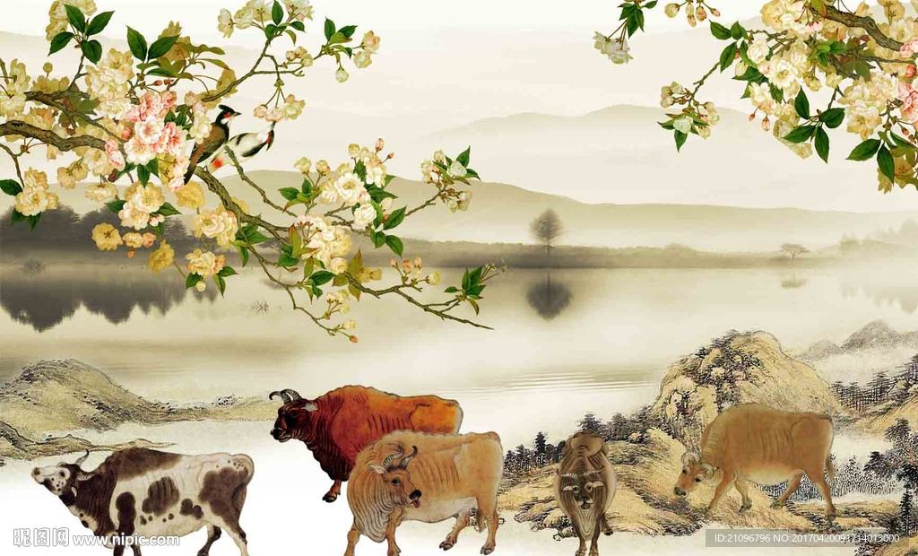 国画花鸟五牛图