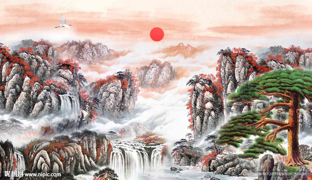 国画迎客松背景墙