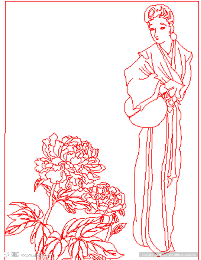 人物牡丹花矢量线条图