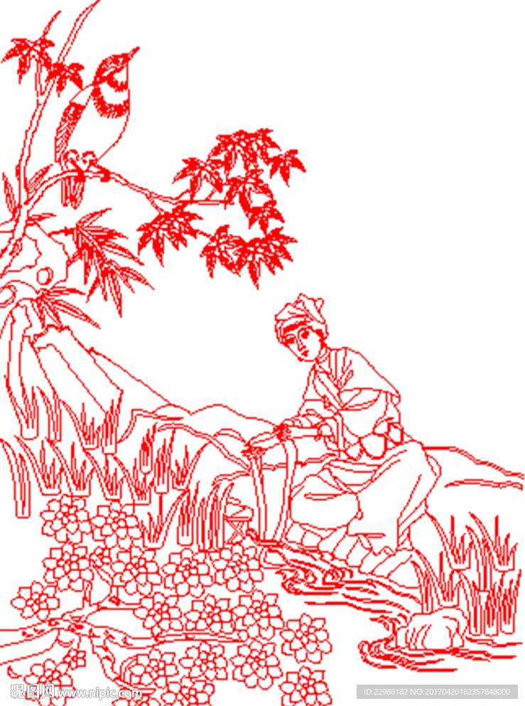 山水人物矢量线条图