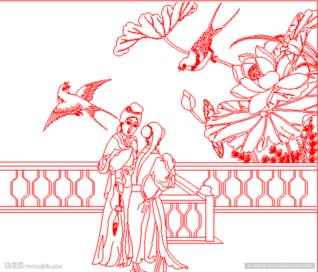 山水人物荷花矢量线条图