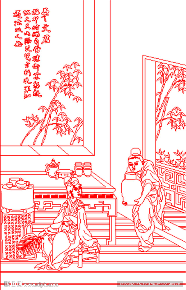 山水人物矢量线条图