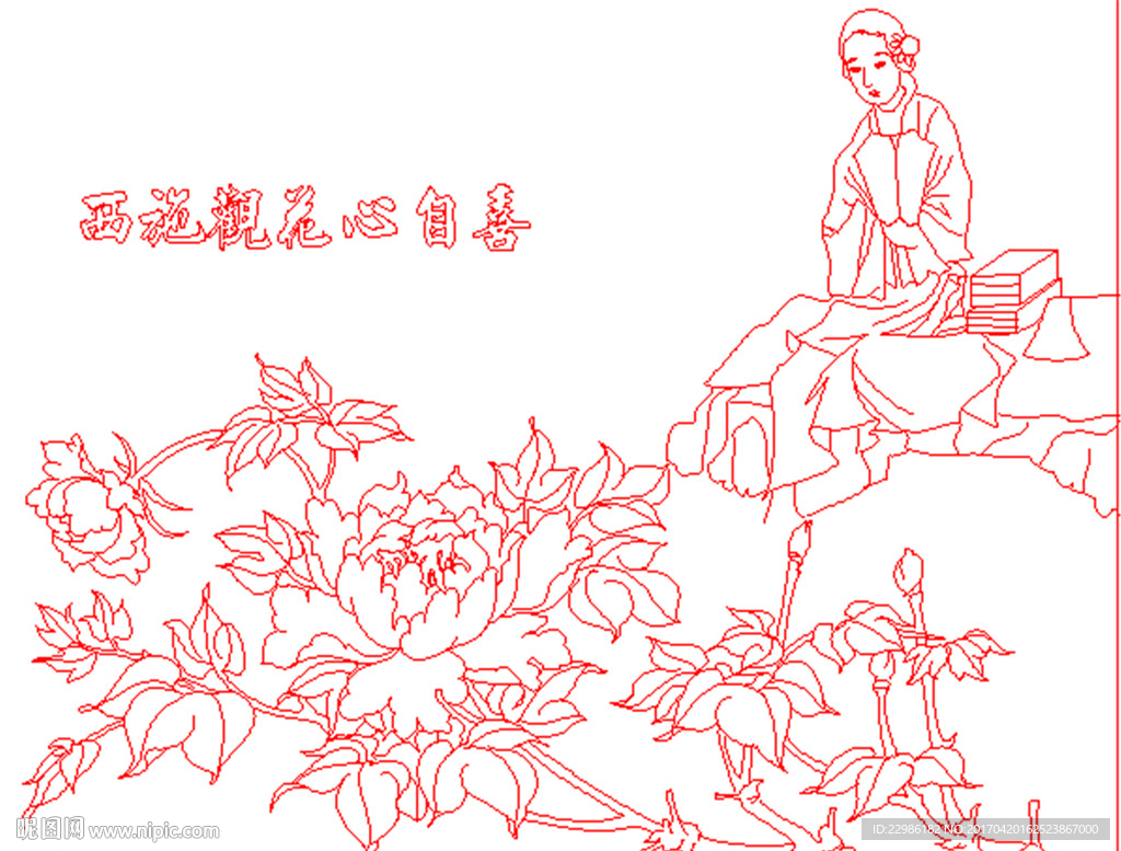 牡丹花山水人物矢量线条图