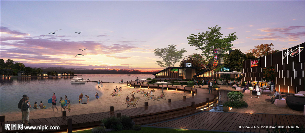 黄昏海边酒吧夜景建筑效果图