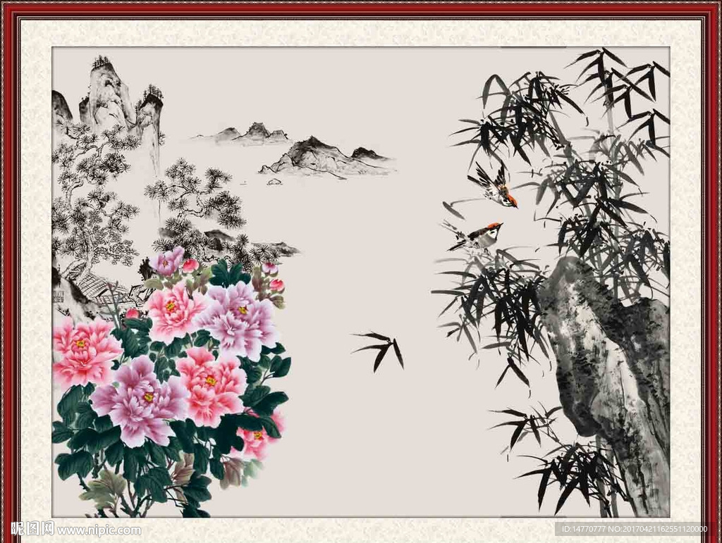 国画牡丹水墨竹子图