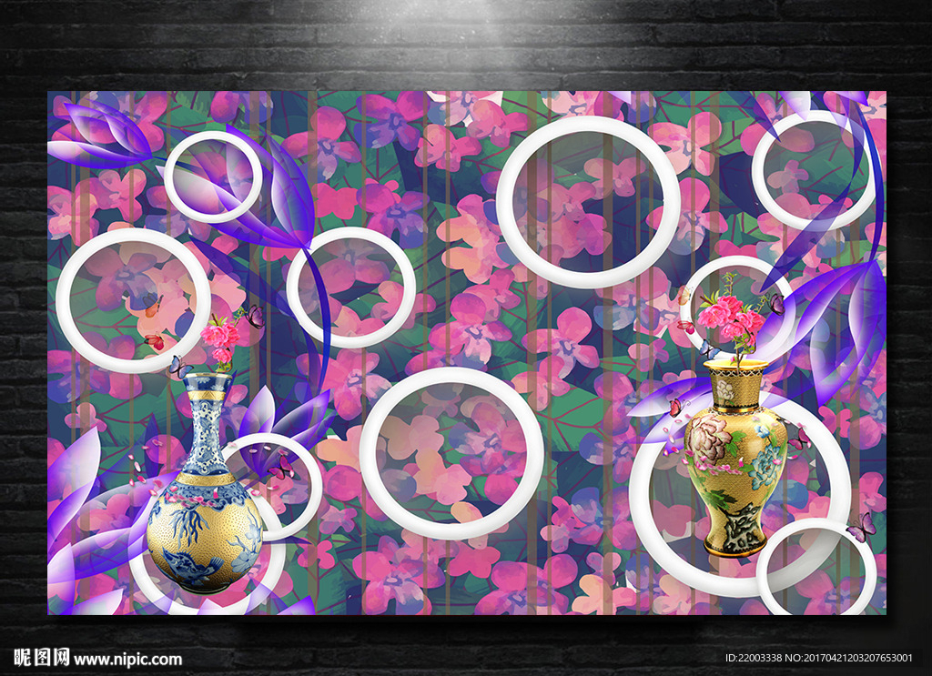 紫色花朵花瓶电视背景墙