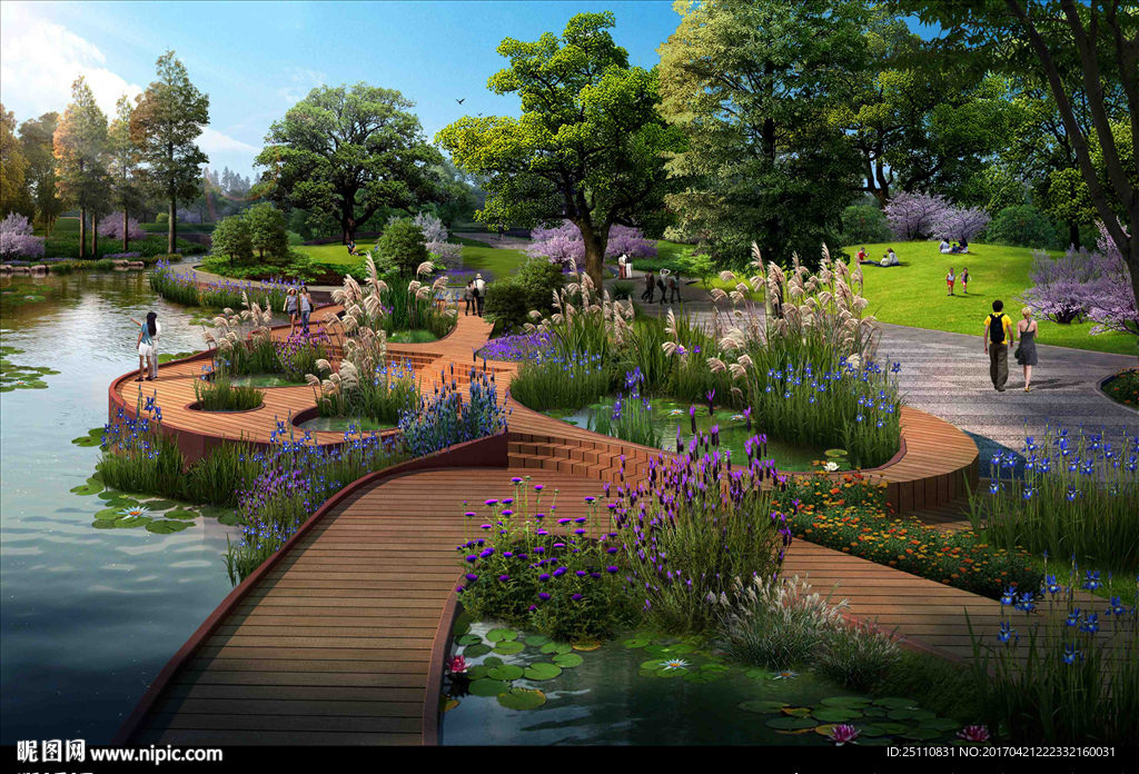 看水平台栈道 水景公园景观图