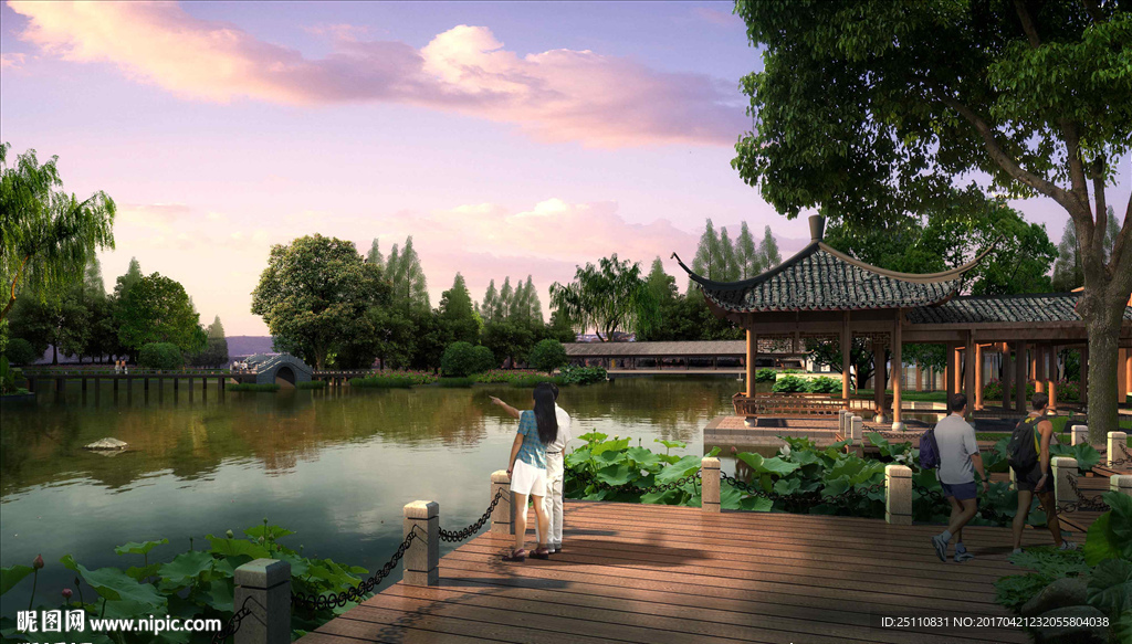 湖景景观 看水平台 荷叶黄昏图