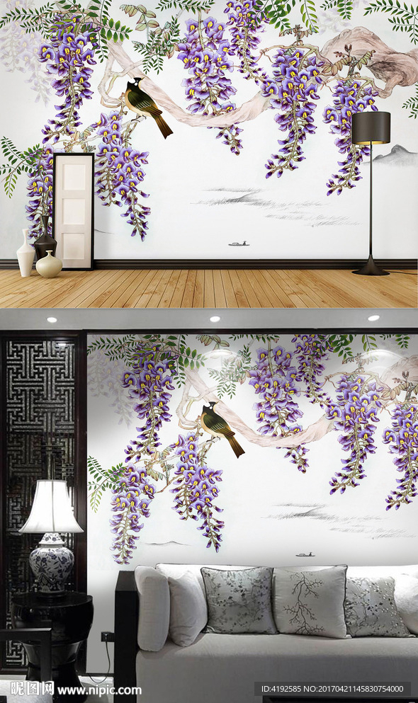 工笔紫藤萝山水花鸟背景墙