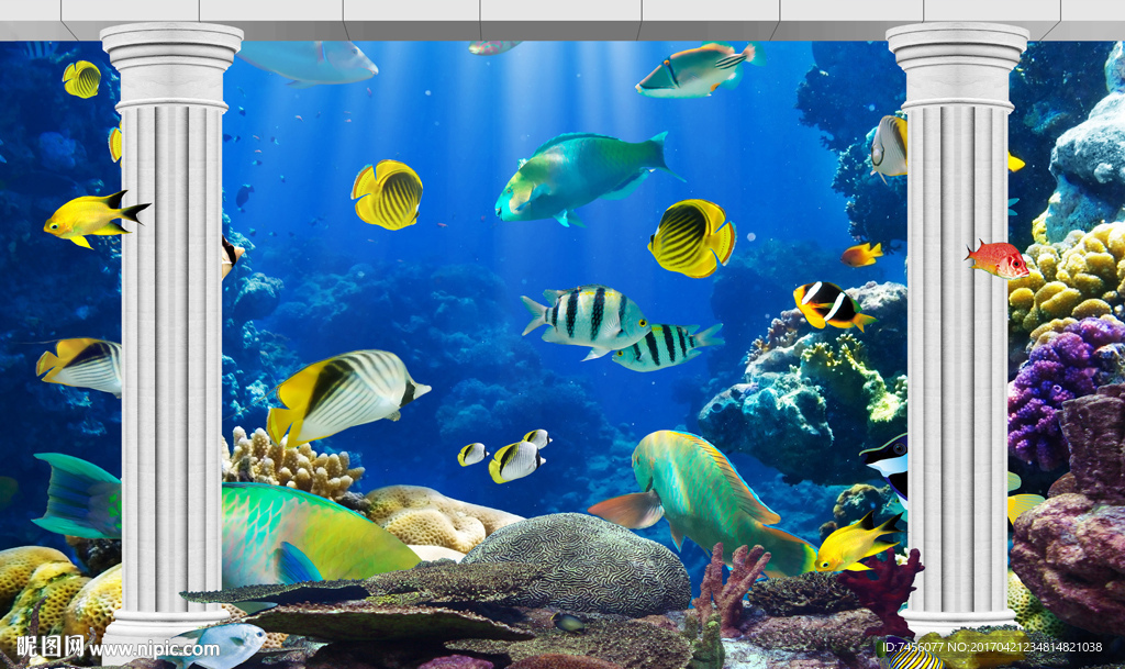 海鱼海景罗马柱立体背景墙