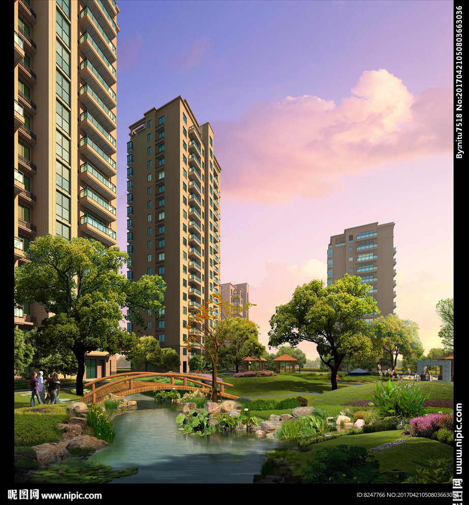 住宅区后花园小拱桥景观建筑效果