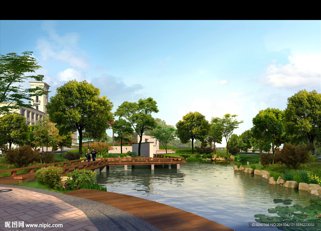 公园小池塘景观建筑效果图