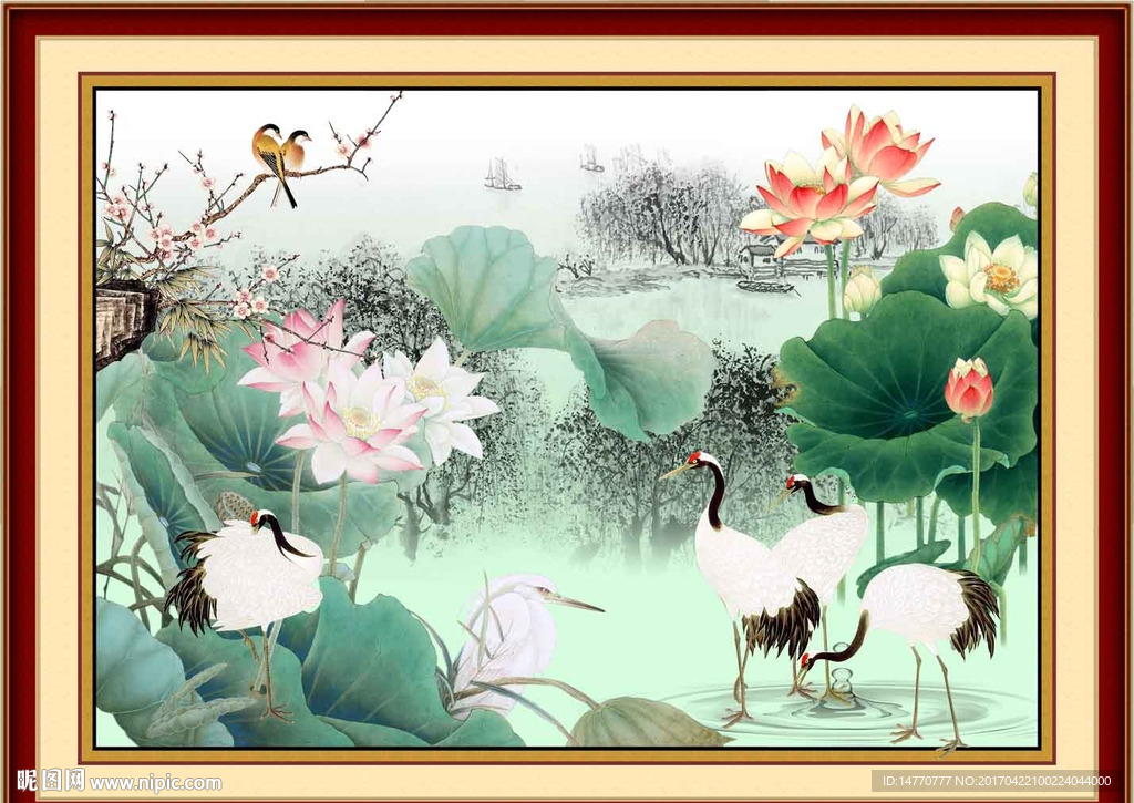 荷花仙鹤图
