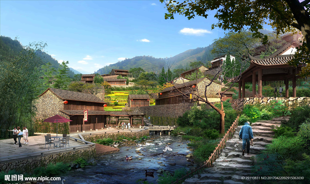 河道景观生态农村房屋亭子油菜花