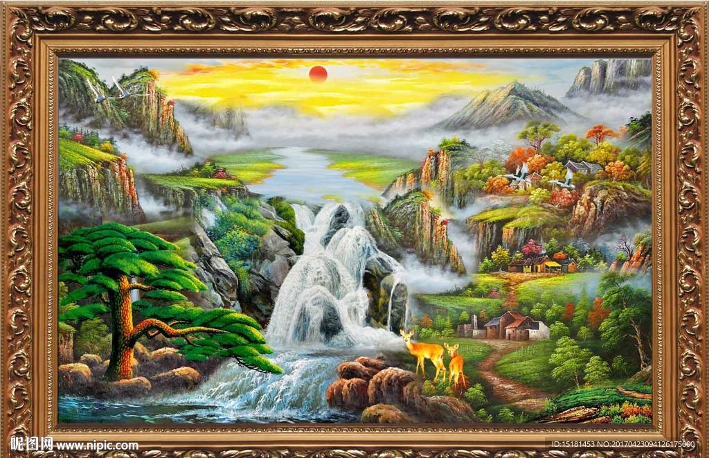 风景油画迎客松