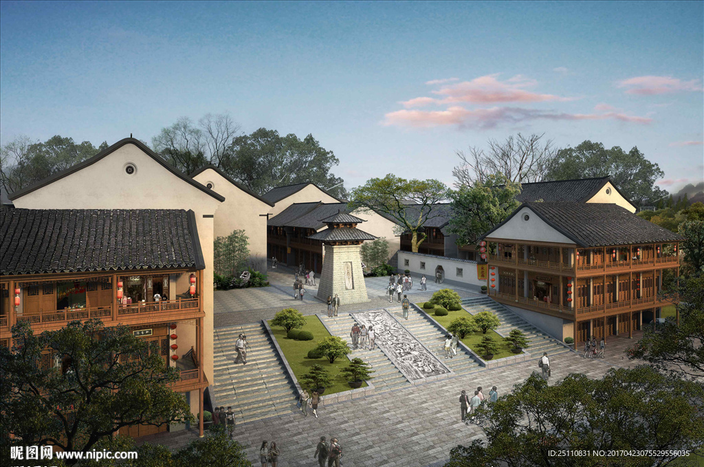 鸟瞰古建入口景观黄昏效果