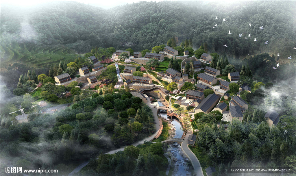 鸟瞰古建道路设计规划河流设计