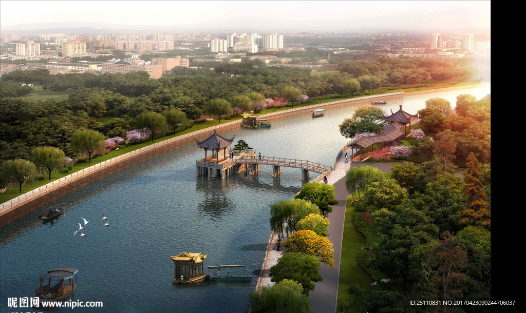 河道景观河流设计亭子船图