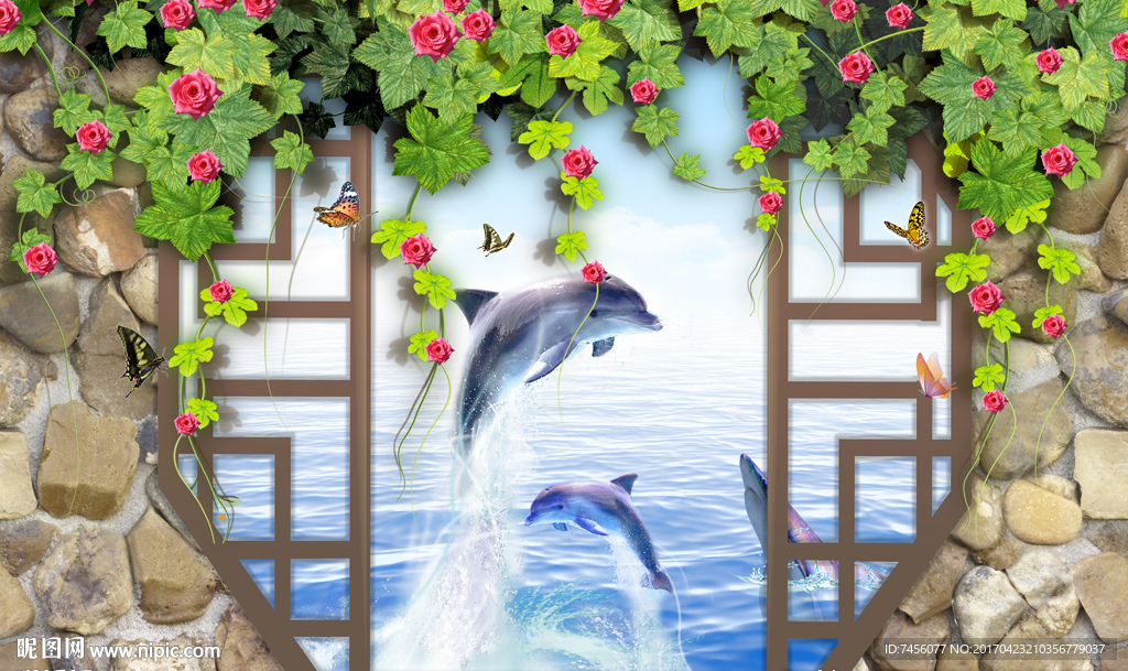 玫瑰花蔷薇海豚之恋背景墙