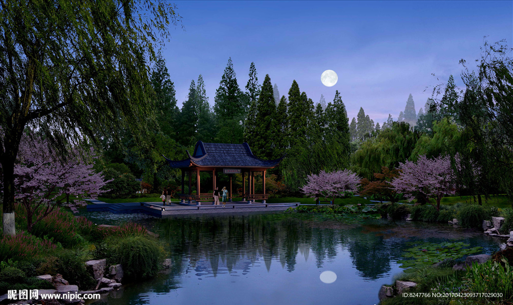 公园夜景赏月台景观效果图