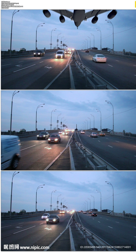 飞机在公路上空飞翔降落