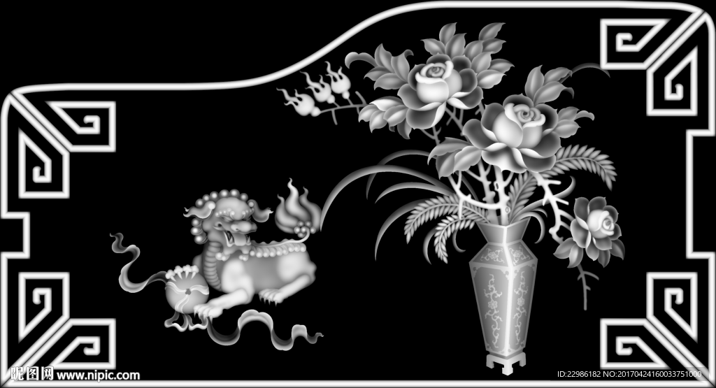 月季花狮子浮雕精雕灰度图