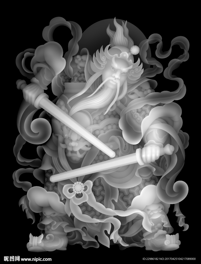 门神浮雕灰度精雕图