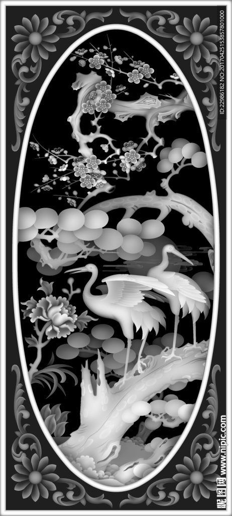 花鸟松鹤迎春浮雕灰度图