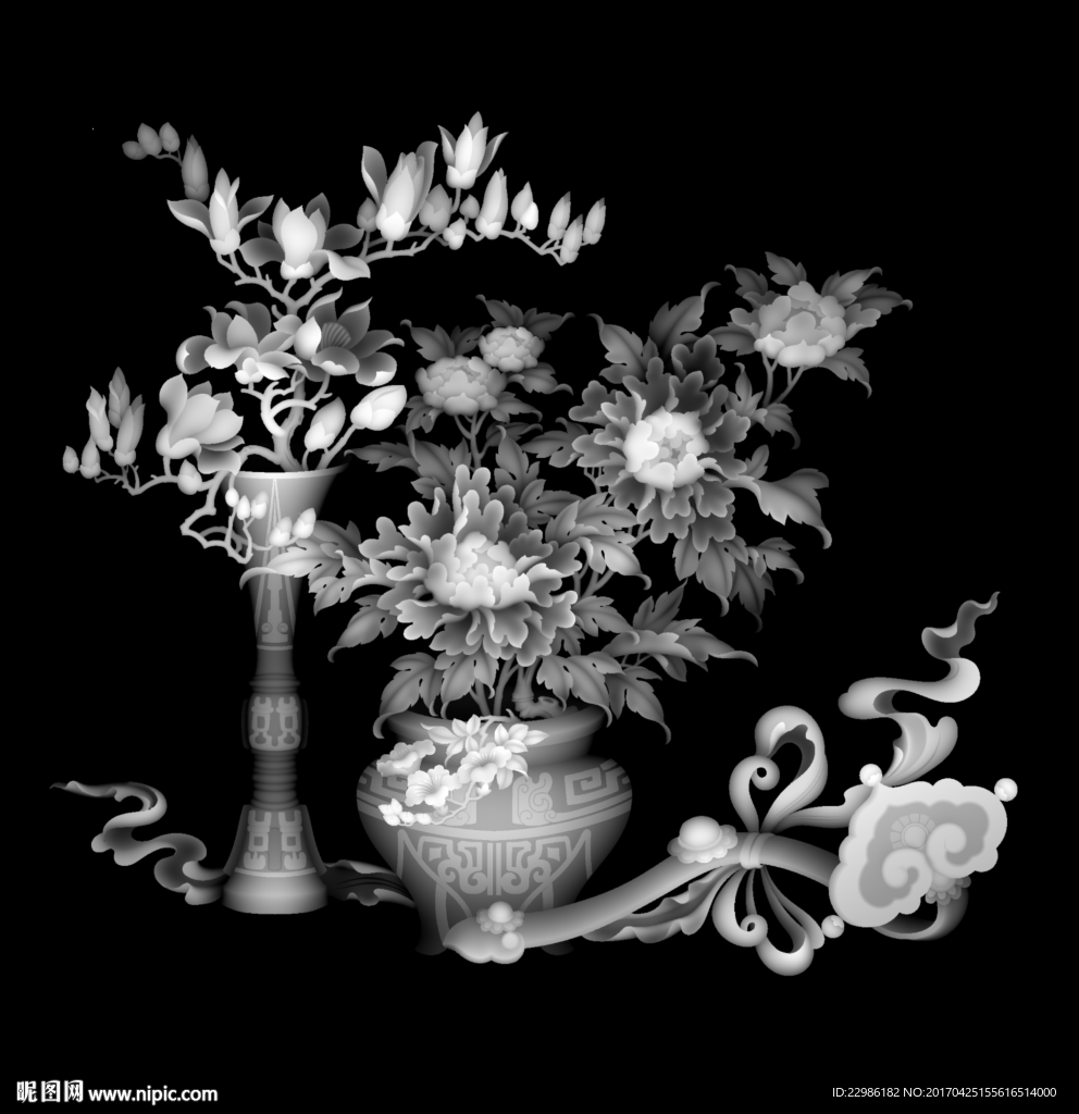 牡丹花瓶玉兰花浮雕灰度精雕图