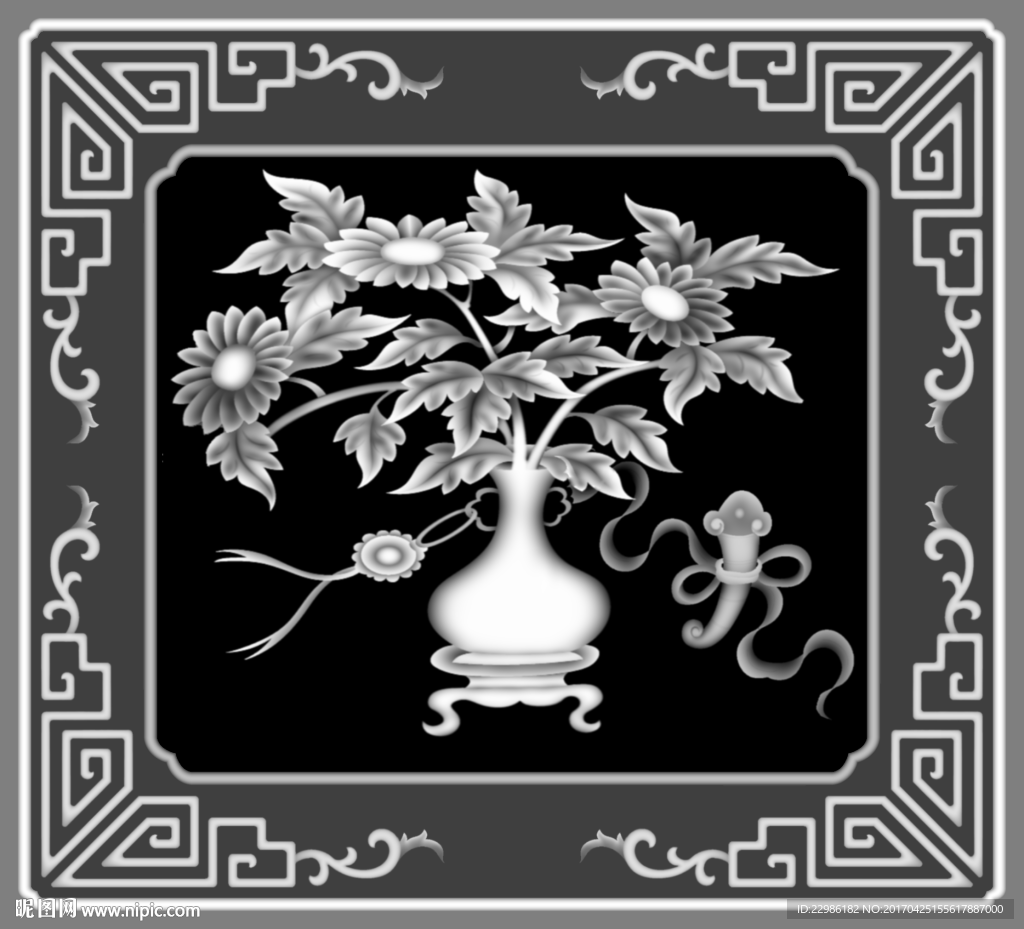 菊花花瓶浮雕灰度精雕图